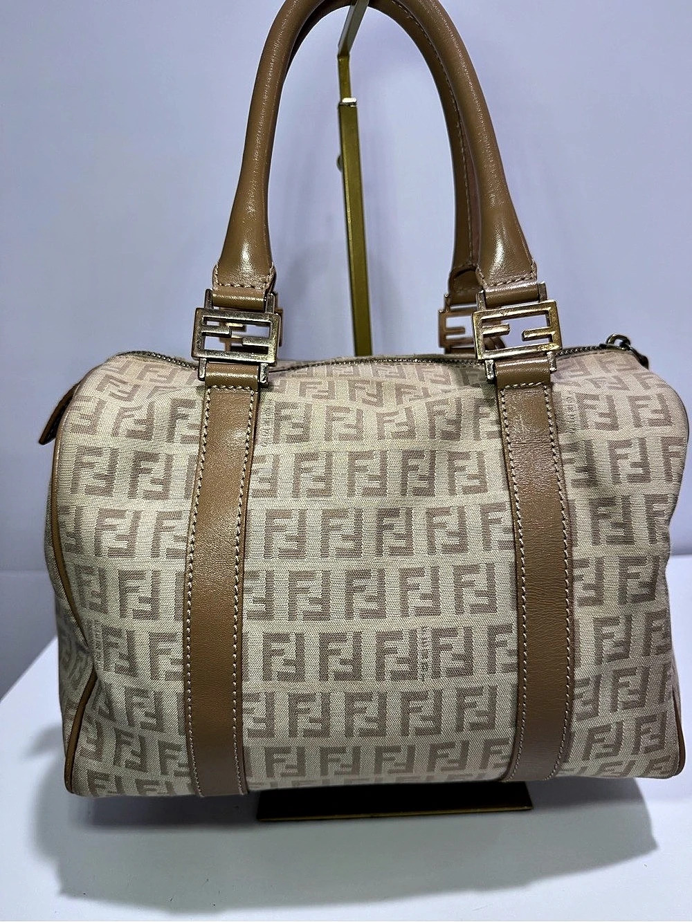Vintage Fendi Zucchino FF Monogram Boston Bag Beige Tan Canvas Leather - Picture 1 of 12